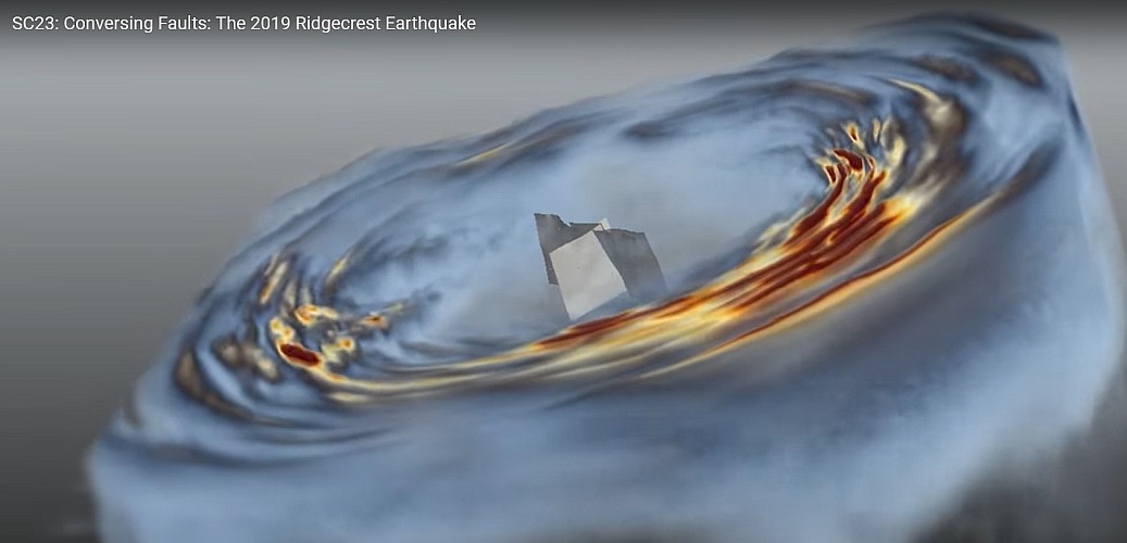 Snapshot of the SC23 Ridgecrest showcase: fault system and seismic waves.